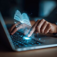 Person's Hands Typing on Laptop with Glowing Digital Book Image