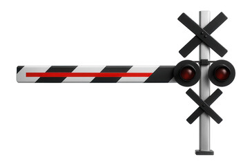 Railway crossing with black and white striped barriers and warning lights