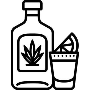 Tequila bottle with shot glass outline icon vector