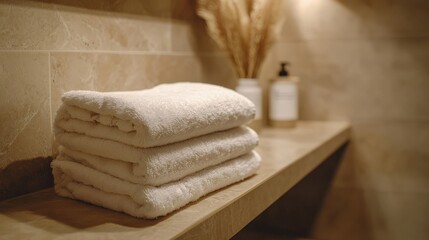 Colorful folded towels stack on table empty copy space.