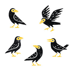 Black bird in different poses in linocut style. Vector illustration. EPS format can be changed in size and color.