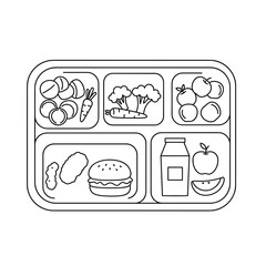 Healthy school lunch tray with fruits, vegetables, and burger