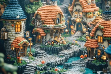 Fototapeta premium Whimsical Miniature Village with Colorful Mushroom Houses in Fantasy Landscape