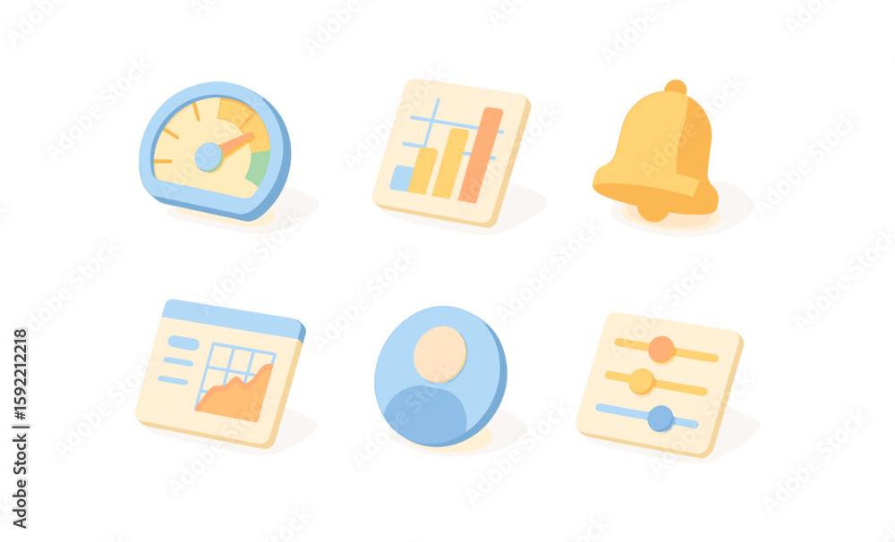 Poster pastel 3d dashboard icons for data and notification interfaces