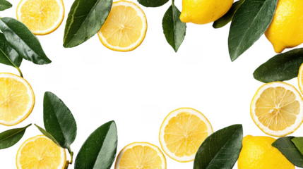 Citrus Fresh Lemon whole and Slices with leaf  Border on transparent background