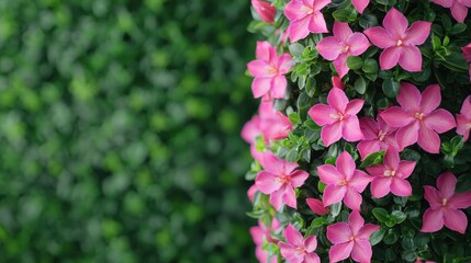 A beautiful vertical garden featuring vibrant pink flowers climbing on lush greenery, creating an inviting and serene atmosphere ideal for indoor or outdoor spaces.