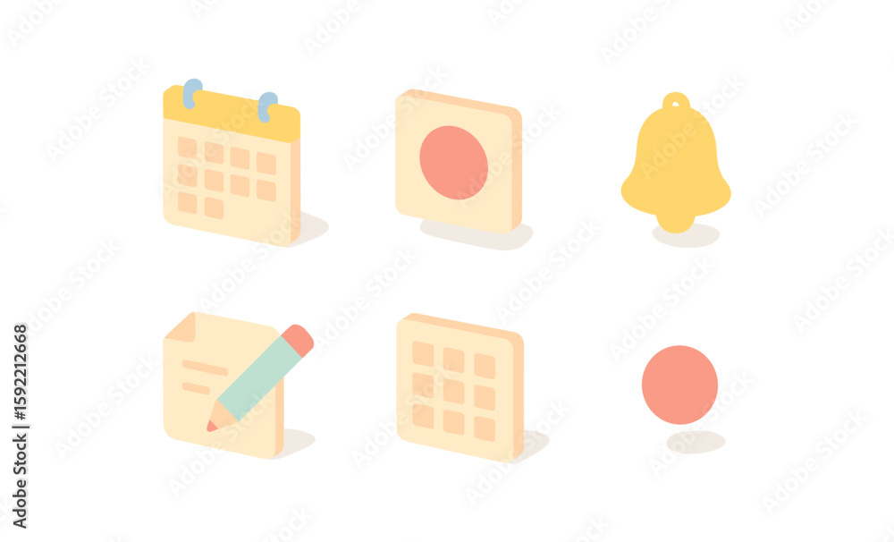 Poster minimalist 3d icons set with calendar, bell, and notepad elements