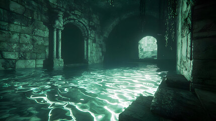 Submerged, ancient stone passageway, lit by  sunlight. Water ripples reflect light.  Ruined arches, pillars, and foliage hang from the ceiling. Dark and mysterious