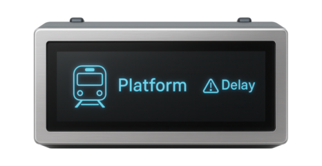 Railway station LED information board with platform and delay announcements