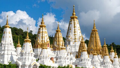 Naklejka premium White temples with gold accents under a partly cloudy sky