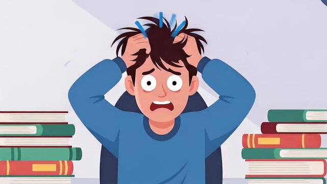 Stressed Cartoon Student Struggles with a Chaotic Stack of Books and Study Pressure
