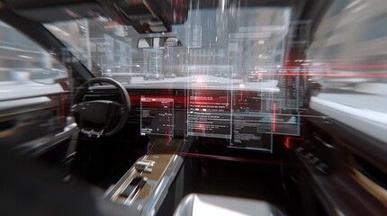 Quantum sensor technology navigation. A futuristic car interior with transparent digital interface screens and advanced dashboard technology. - Powered by Adobe