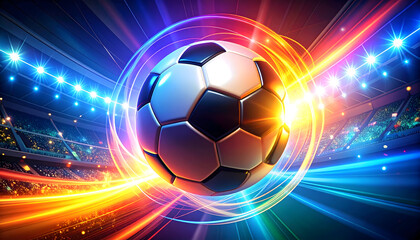 Naklejka premium Dynamic Soccer Ball in Vibrant Stadium Lights