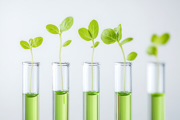 Green seedlings in test tubes. Growth and innovation. Biology, chemistry, medicine. Sustainable development concept. White background.
