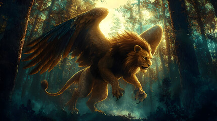 Majestic winged lion soaring through a mystical forest.  Large creature with golden fur and dark wings, powerful stance, bathed in sunlight filtering through trees
