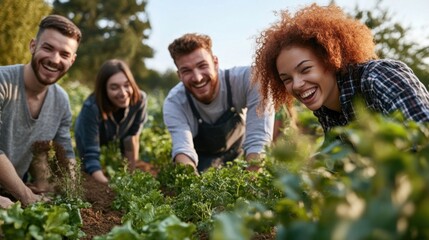 Four people working in a garden
