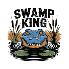 "Swamp King" featuring a fierce alligator in the swamp, symbolizing power and dominance in nature. Vector illustration.