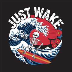 A skeleton surfing with the phrase 