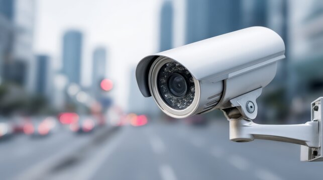 Modern surveillance system monitoring busy urban street, white security camera overlooking city traffic, highlights safety tech.