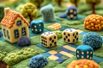 Colorful Felted Wool House and Dice Toy Landscape for Children or Creative Play