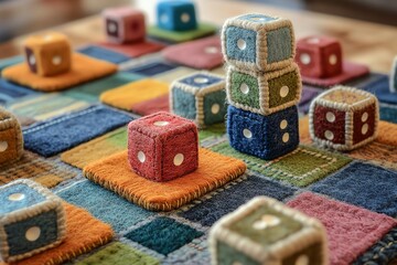 Colorful Plush Dice on Patchwork Carpet in Cozy Playroom