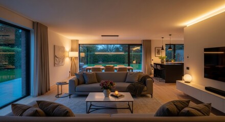 Serene Evening in a Modern Open-Plan Living Room with Garden View