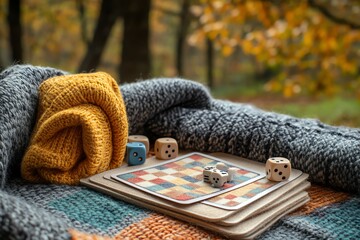 Cozy Outdoor Autumn Scene with Board Game and Dice on Wool Blanket