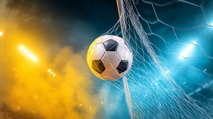 Naklejka premium Dynamic soccer ball in mid-air, vibrant stadium lights creating intense atmosphere, perfect for sports event promotions.
