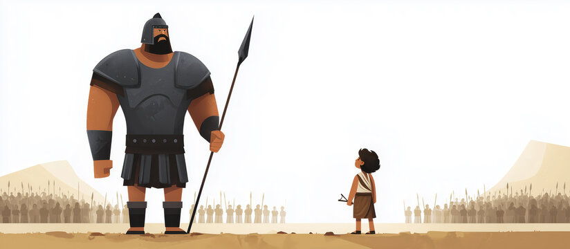 A modern illustration of the biblical story of David and Goliath. The small shepherd boy bravely faces the giant warrior on the battlefield, symbolizing faith, courage, and overcoming impossible odds.