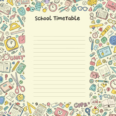 Colorful school timetable design with stationery doodles and icons  