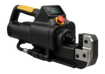 Industrial rebar cutter with a dual blade system and digital display for precise cutting in manufacturing plants