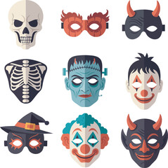 Halloween themed masks, various spooky and playful designs, flat style illustration.