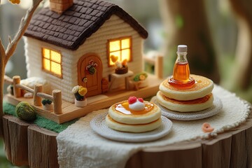 Miniature Cozy House with Pancakes and Syrup on Wooden Table in Garden