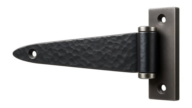 Forged steel strap hinge with a rustic appearance for barn-style doors in a rural workshop