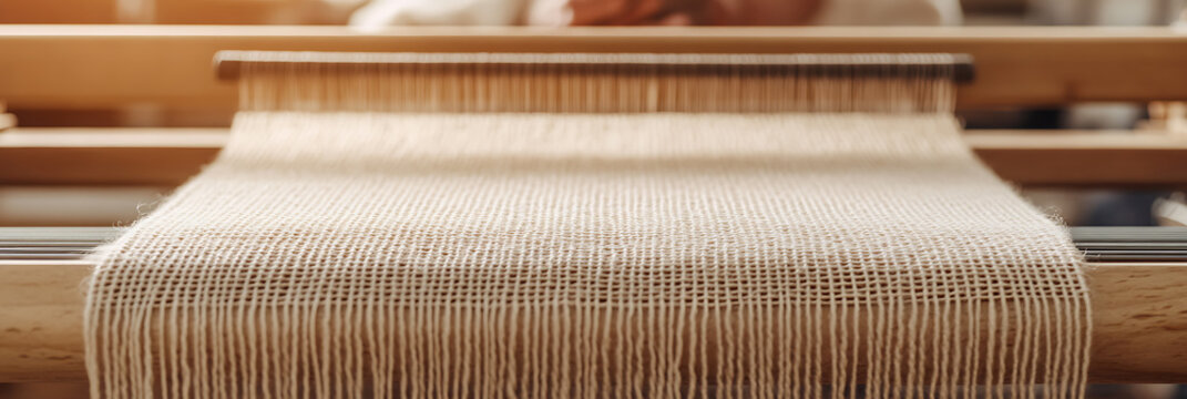 Weaving cloth with a loom. Crafting textile with a wooden frame, the white textile shows great details. A hand crafted creation.