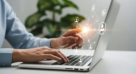 Illustration of person using a laptop with a digital network of people displayed