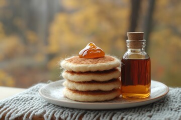 Stack of Fluffy Pancakes with Maple Syrup and Whipped Cream on White Plate in Cozy Kitchen