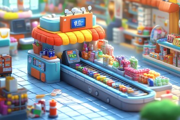Colorful Toy Store Checkout Counter with Assorted Miniature Toys Displayed