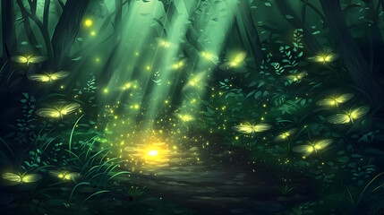 Enchanted forest path, glowing with fireflies. Sunlight streams down through trees