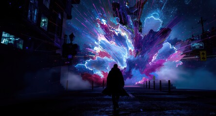 Lone Figure Walking Toward a Vibrant Neon Explosion in a City