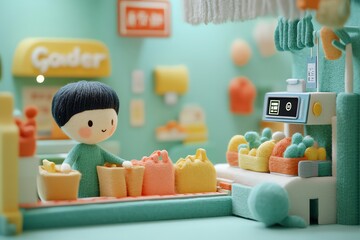 Felt Toy Grocery Store Scene with Child Character in Bright Pastel Colors