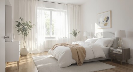 Sunlit Scandinavian Bedroom Interior Featuring Neutral Tones and Natural Light
