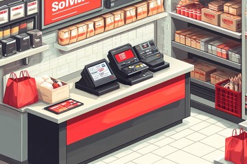 Grocery Store Checkout Counter with Cash Registers and Shelves of Packaged Goods