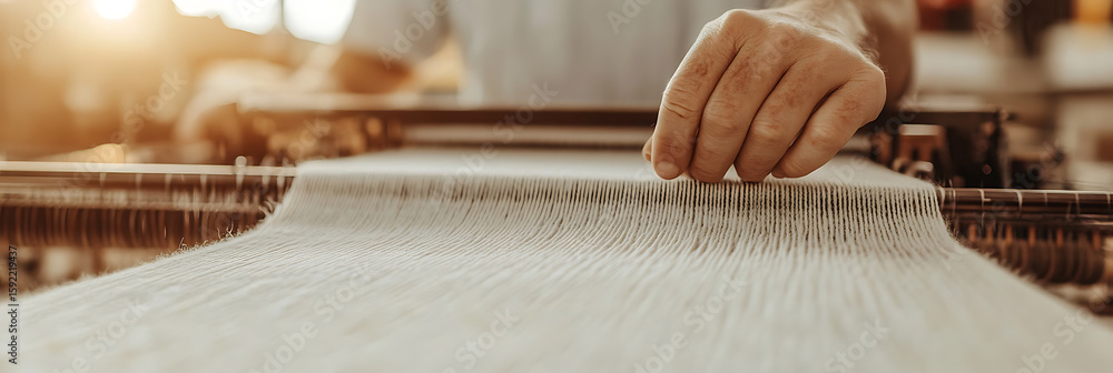 Poster hand on loom: crafting textiles with precision. the weaver's touch. detail shot of weaving machine, 