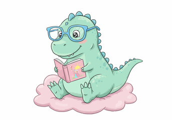 Fototapeta premium A Cute Green Dinosaur Wearing Glasses Sitting on a Cloud Reading a Book