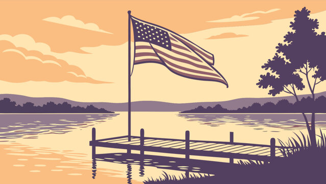 American flag waving on dock at lake sunset patriotic illustration vector graphic design for independence day