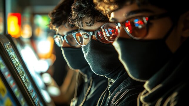 Focused teens with masks and glasses at arcade