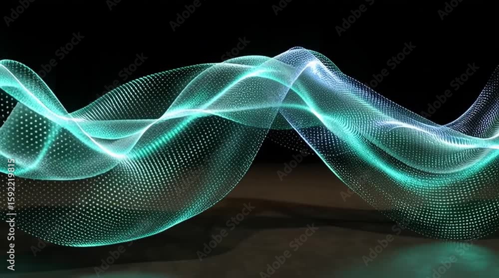 Poster quantum sensor technology navigation. a glowing, flowing digital mesh wave composed of bright light 