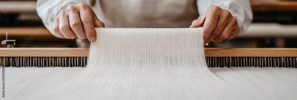Poster weaving texture: close-up of a loom with hands manipulating fine threads to create fabric, showcasin