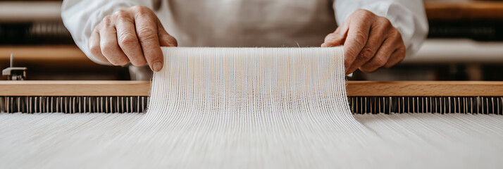 Weaving Texture: Close-up of a loom with hands manipulating fine threads to create fabric, showcasing craftsmanship and textile production.